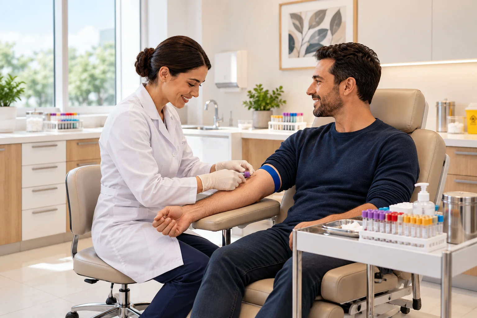 Profissional realizando coleta de sangue em paciente sentado em cadeira de coleta, em ambiente clínico com tubos e materiais organizados