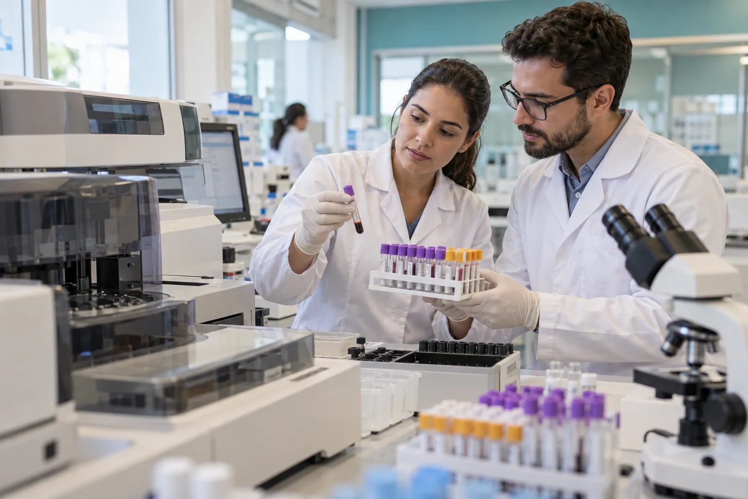 Imagem ilustrativa de profissionais conferindo amostras em laboratório parceiro